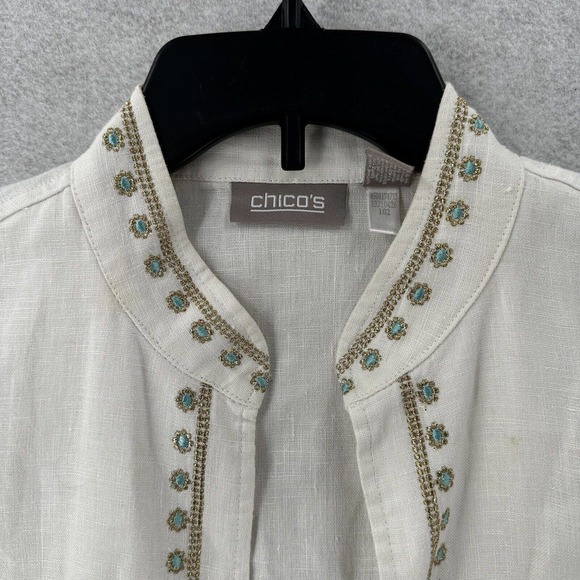 Chicos 100% Linen Jacket Womens 0 (SMALL) Open 3/4 Sleeve Pockets Collarless - Picture 5 of 14